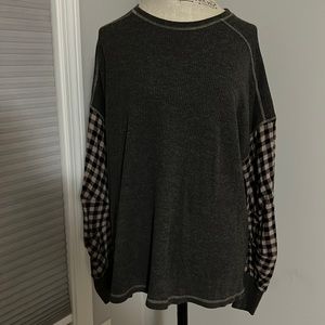 She + Sky Gray Waffle Material with Black & Tan Plaid Sleeves Crew Neck Top
